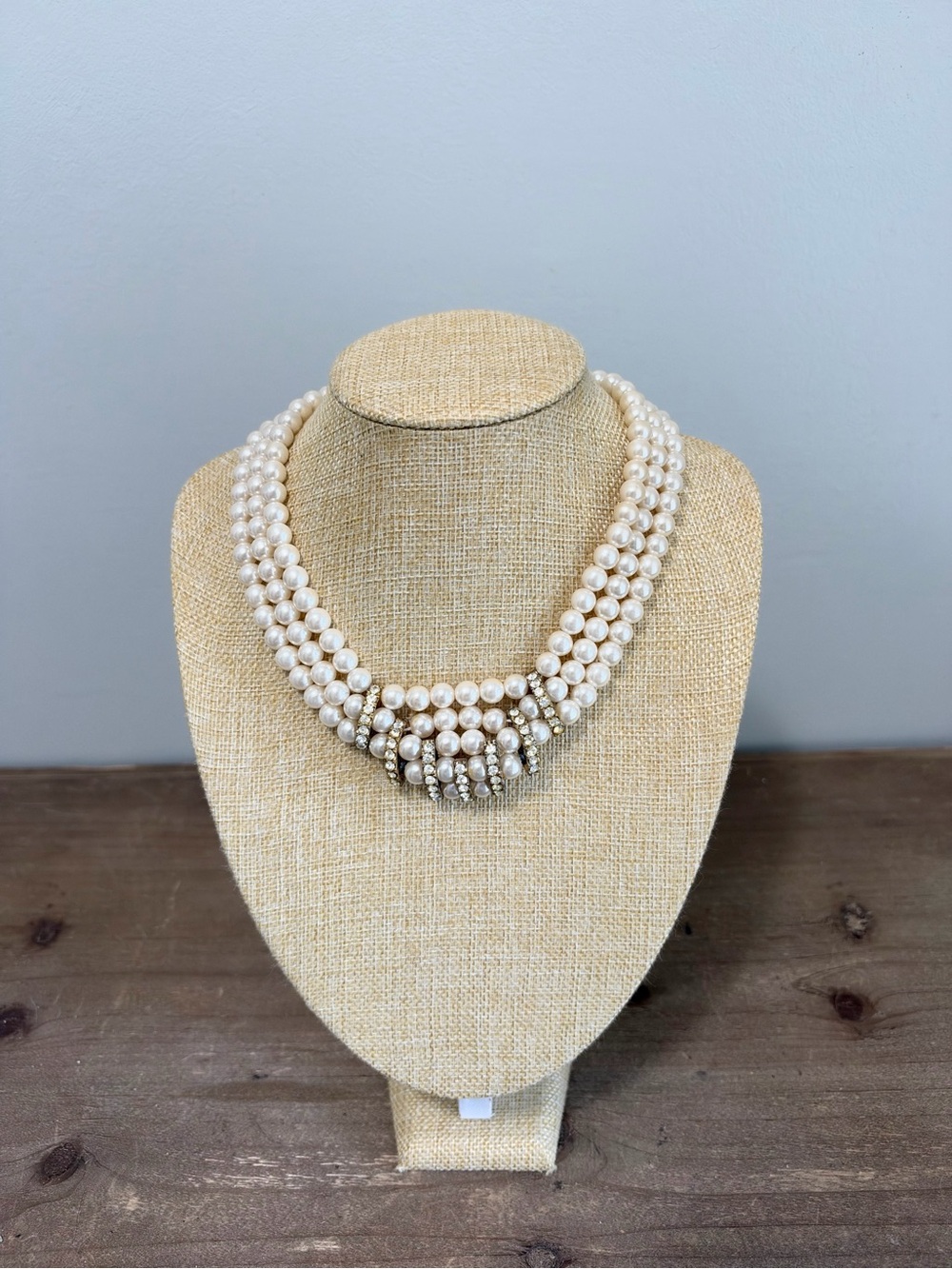 Vintage Triple Strand Faux Pearl Rhinestone Statement Necklace